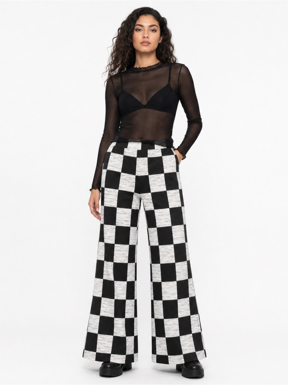 Ascot + Hart Checkered Wide Leg Pants Black White XXS Graphic Retro Loungewear